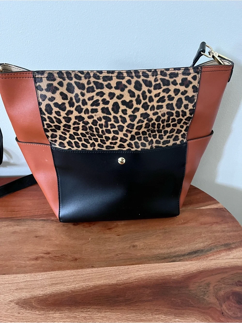 Bromen Leopard Print Colorblock Crossbody Bucket Bag Black Cognac Vegan Leather